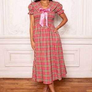 Ivy City Co Plaid Midi Dress with Pink Bow